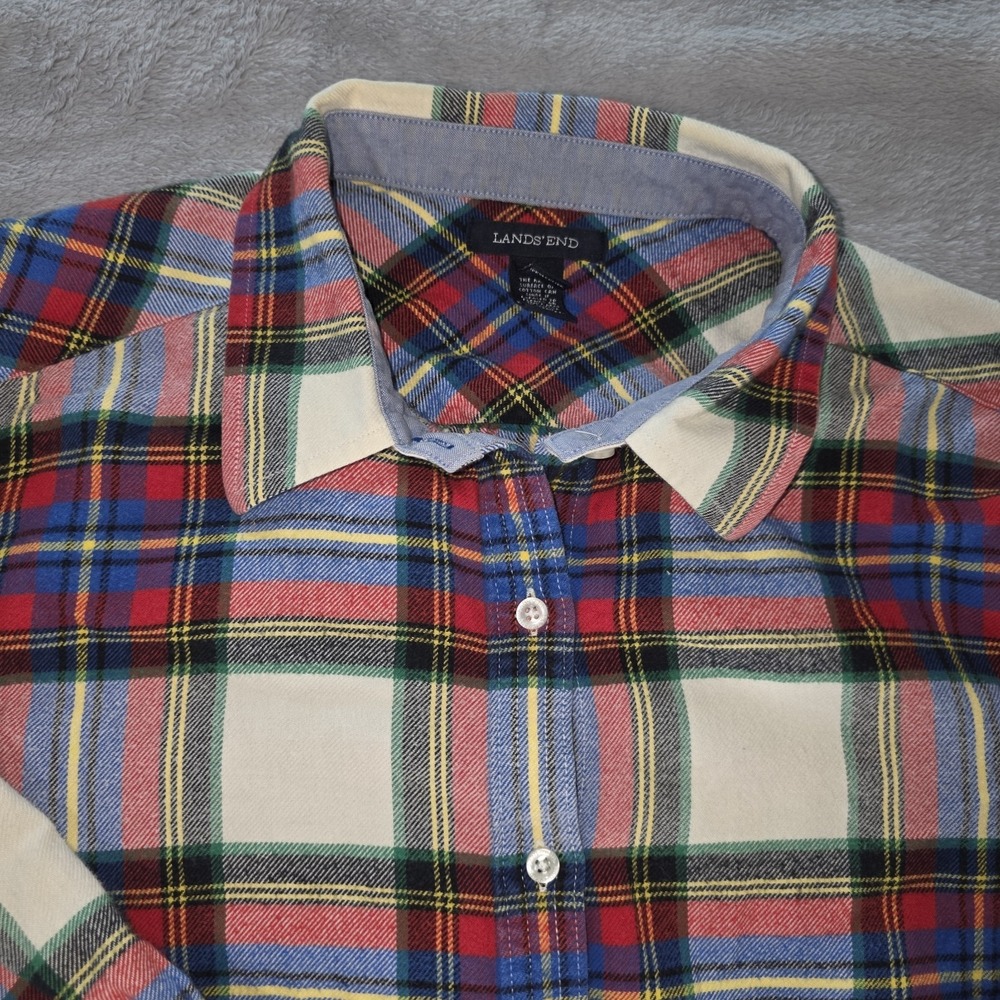 LANDS END Womens Flannel‎ Shirt 1X 16W 18W Red White Blue Plaid